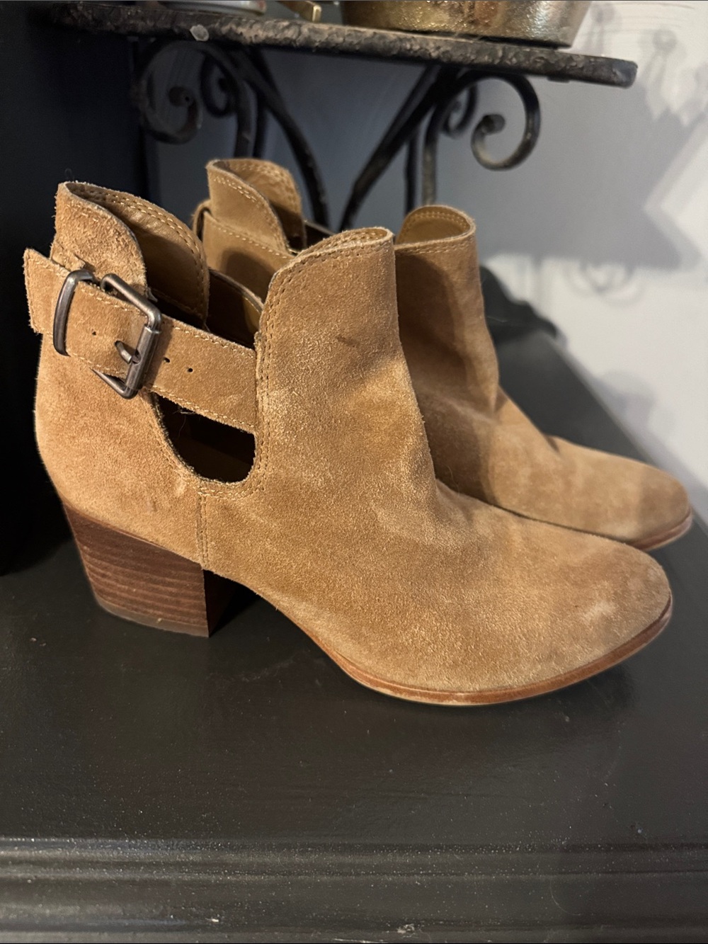 Franco Sarto Tan Suede Cutout Ankle Booties with Buckle